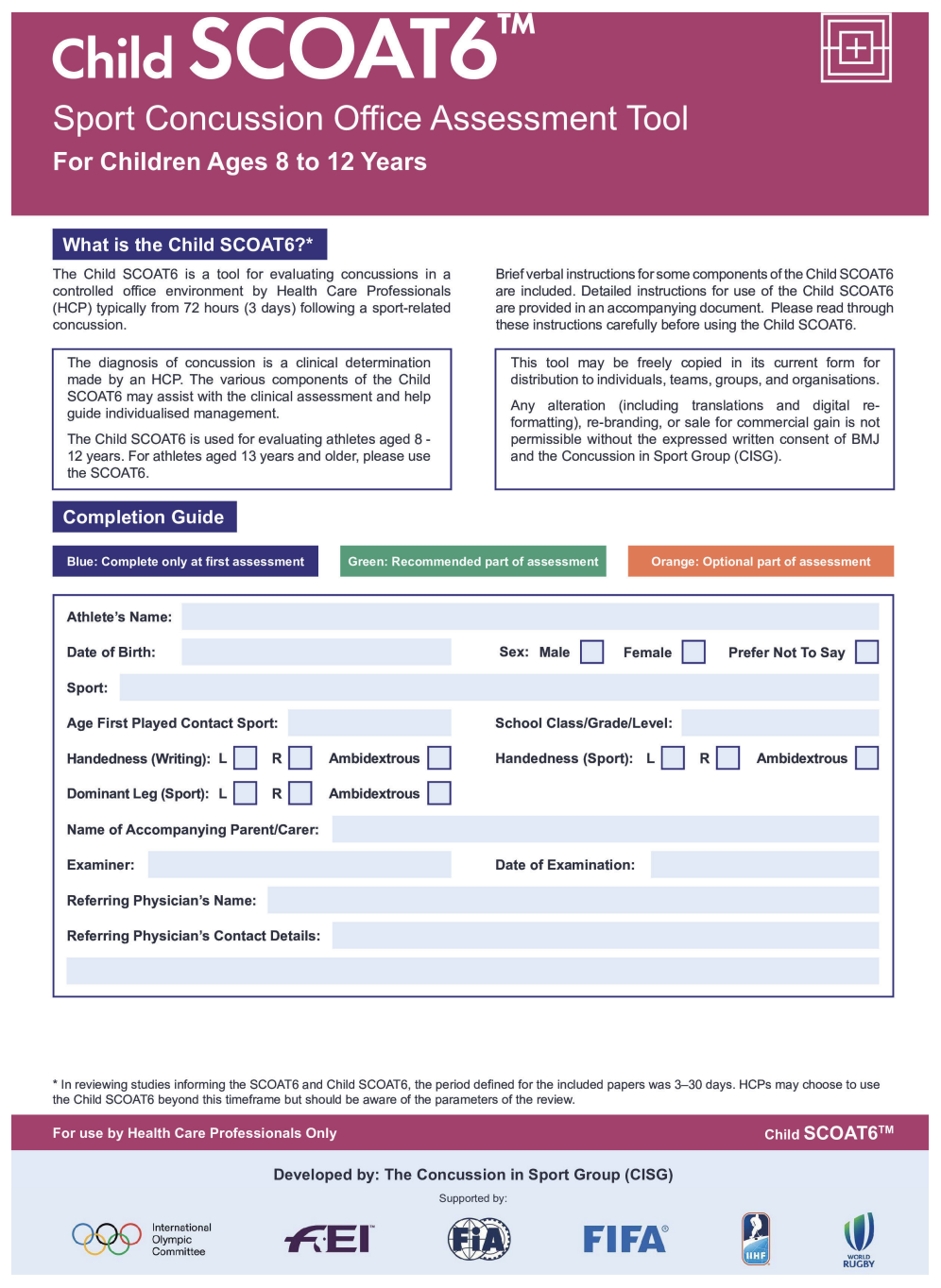 Sport Concussion Office Assessment Tool; For Children Ages 8 to 12 Years